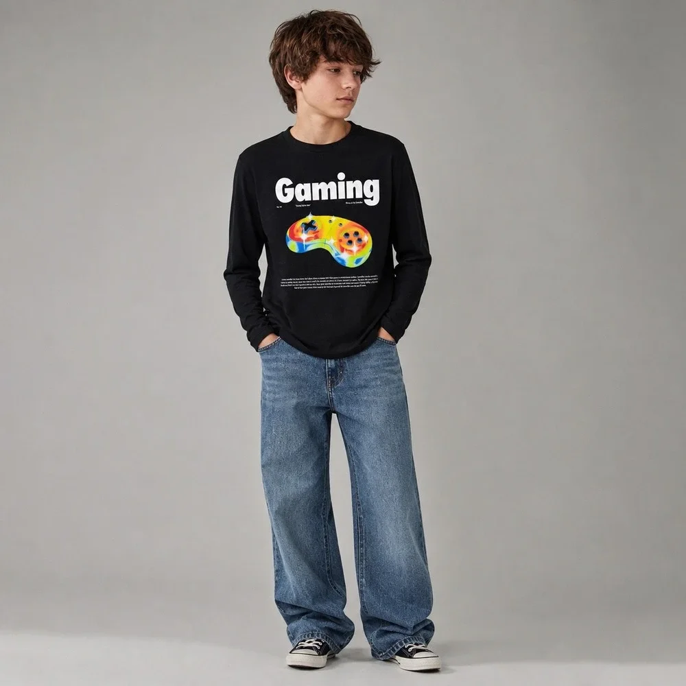 Gaming Controller Graphic Long Sleeve T-Shirt Black 100% Cotton Kids XL 14-16